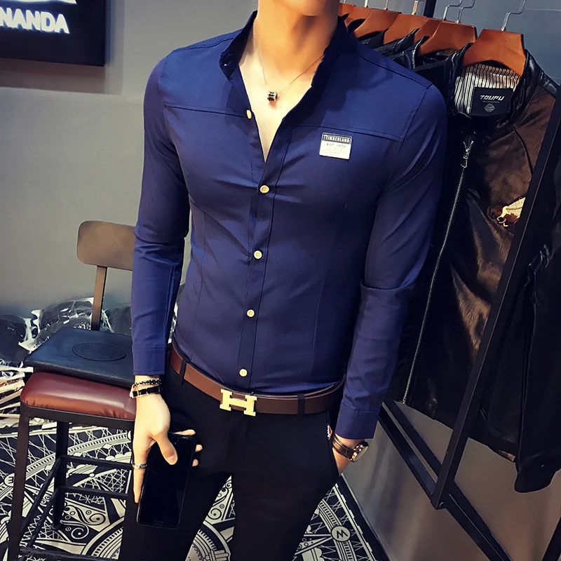 Одежда высшего качества Для мужчин рубашка Slim Fit простой с длинным рукавом