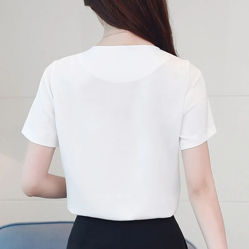 Fashion Women Shirts 2022 Ladies Tops White Shirt Chiffon Short Sleeve Floral O-neck Top For 4128 50 | Женская одежда