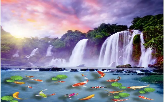 3D alpine flowing waterfall squid lotus leaf TV background wall | Строительство и ремонт