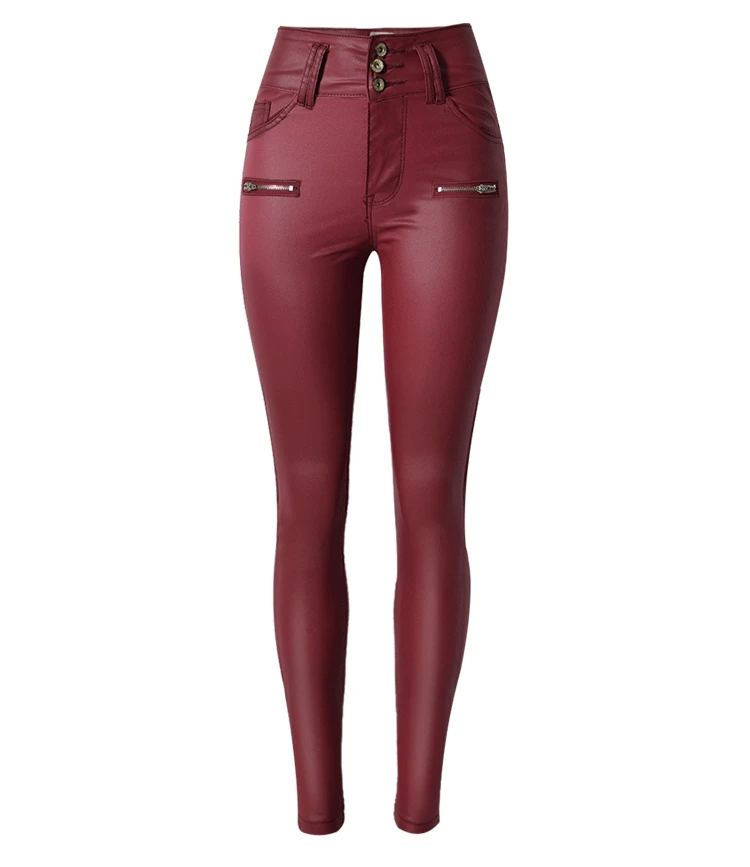 2019 High Waist Pants Wine Red PU Leather Skinny Pencil Full-Length Coated Stretchable Fashion Sexy Women |