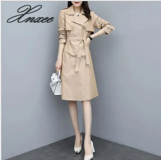 

2020 autumn long section with double-breasted coat Korean version of the waist slimming lapel women's windbreaker