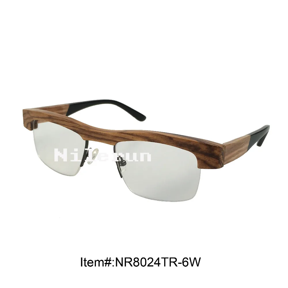 

Classic semi-rimless half frame zebra wood optical eyeglasses frame