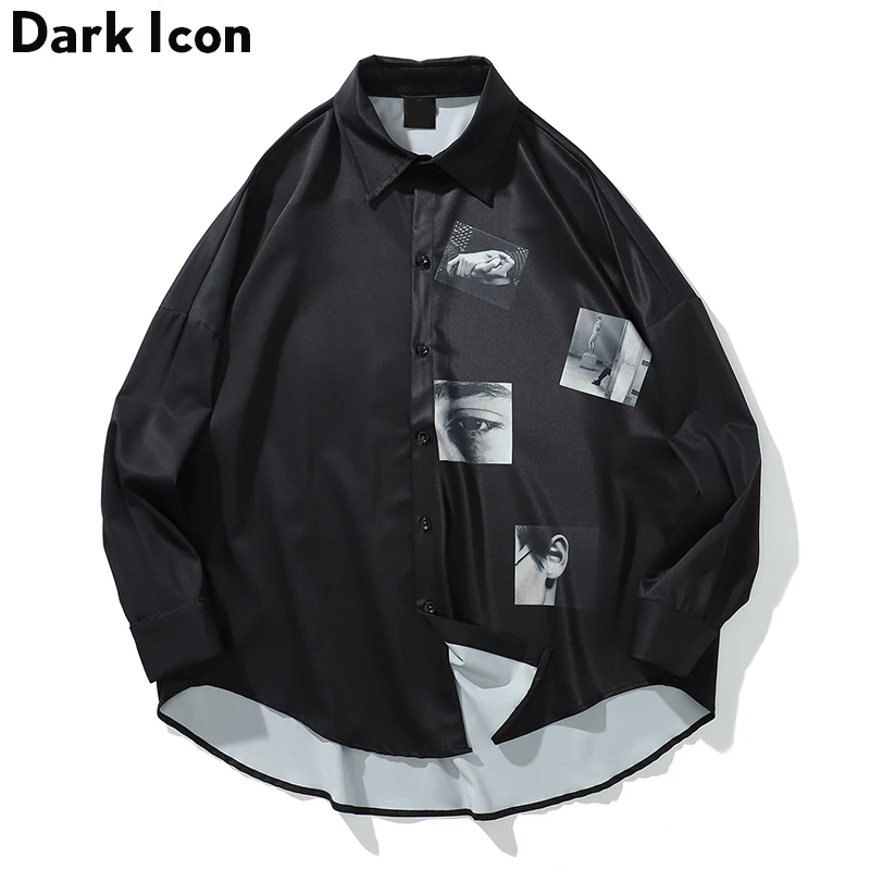 Dark Icon Printed Oversized Shirt Men 2019 Summer Turn-down Collar Men's Shirts Three Quarter Sleeve Shirts for Men