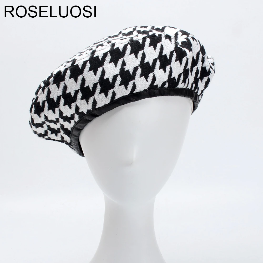 Женские береты ROSELUOSI черные и белые в ломанную клетку на осень зиму|beret hats for women|beret