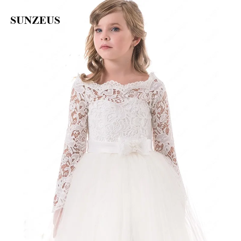 Long Sleeve Lace Flower Girl Dresses for Weddings A-Line Scoop Formal Tulle Holy Communion vestidos flores S1501 | Свадьбы и