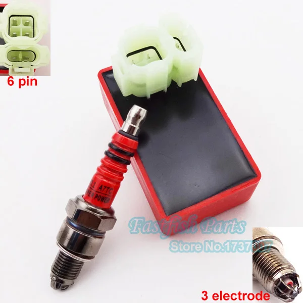 Красный 6 Pin AC CDI + A7TC Свеча зажигания 3 электрода для GY6 50cc 125cc 150cc мопед скутер