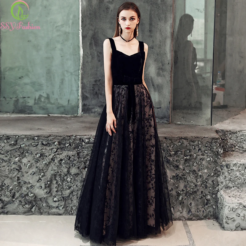 Женское вечернее платье до пола SSYFashion элегантное черное кружевное без рукавов