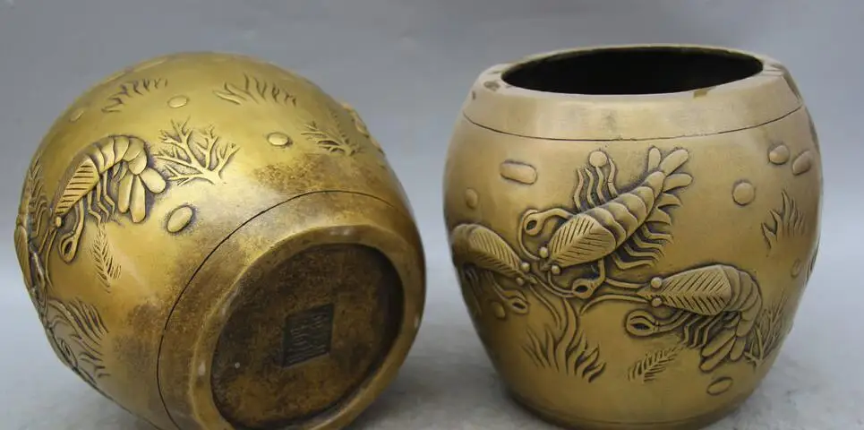 8 Marked Chinese Dynasty Palace Copper shrimp Macrura Prawn Pot Jar Crock Pair | Дом и сад