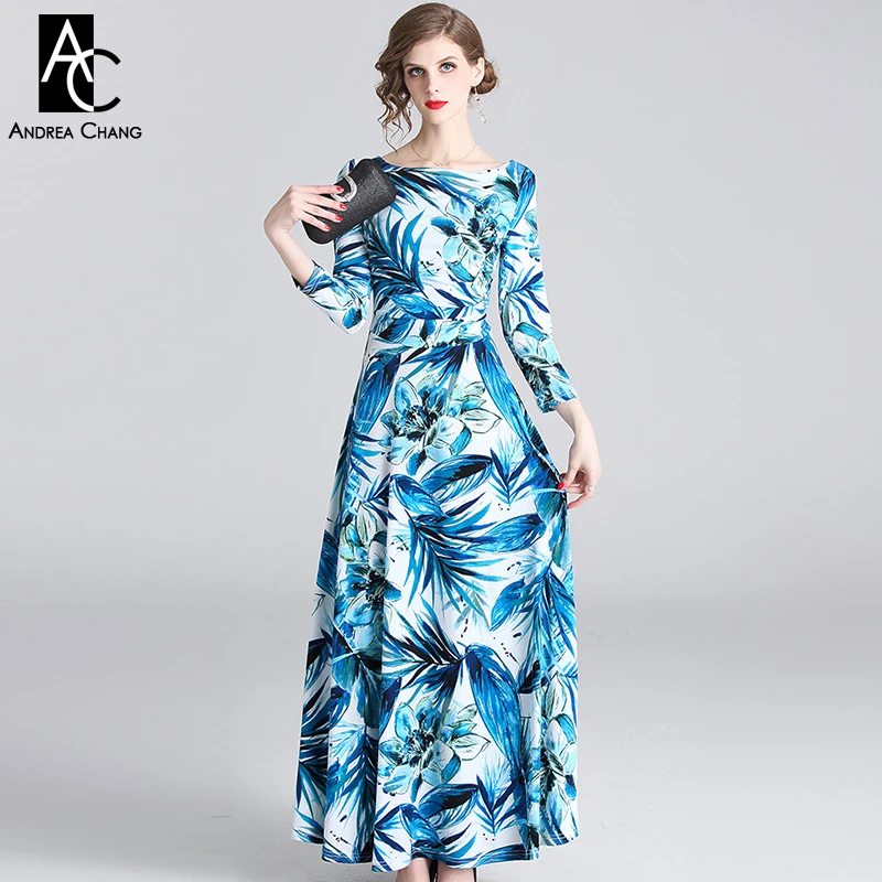 S-XXL spring summer woman dress white background blue leaf flower pattern print 3/4 sleeve ankle length fashion maxi | Женская одежда
