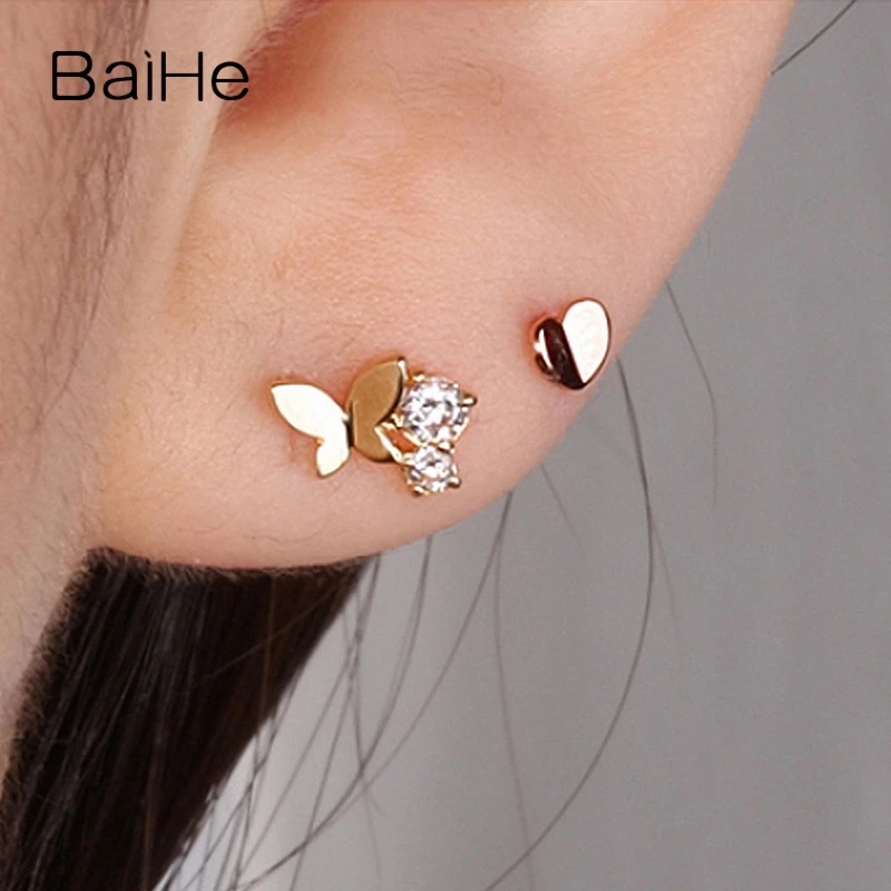 BAIHE Твердые 18K желтое золото 0.09CT H/SI круглые серьги с натуральными бриллиантами