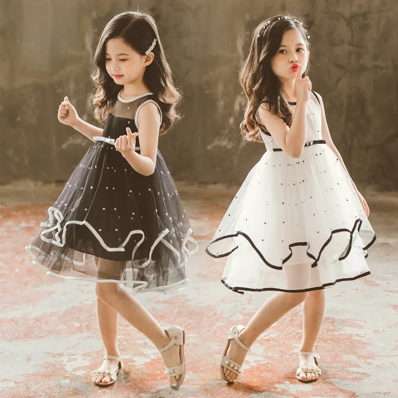 black vintage gown age for 3 - 12 yrs little girls ruffle lace tulle dot long dress princess prom summer kids sleeveless frocks | Детская