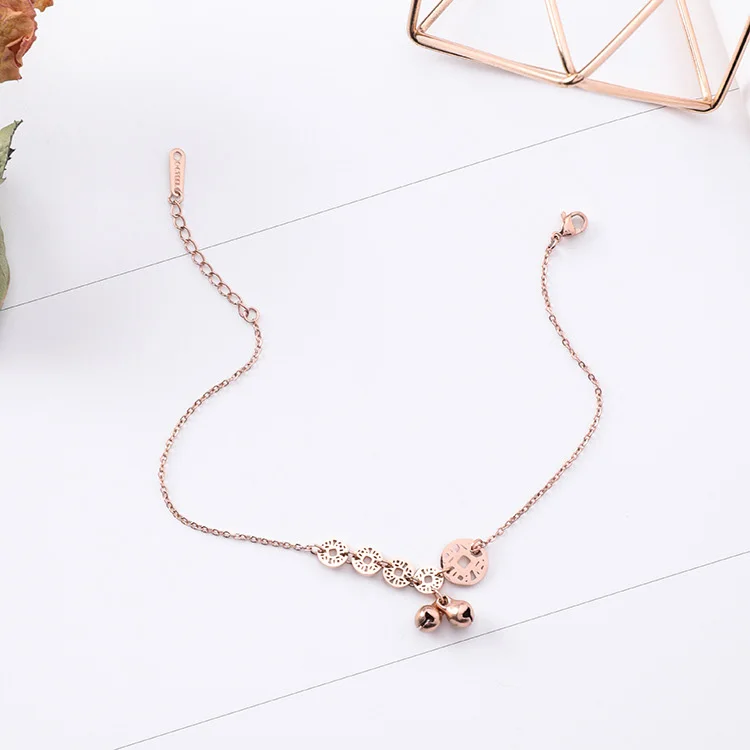 2018 Korean Simple Rose Gold Titanium Steel Chain Hollow Round Coins Lucky Bell Pendant Choker Necklace for Women Party Jewelry | Украшения