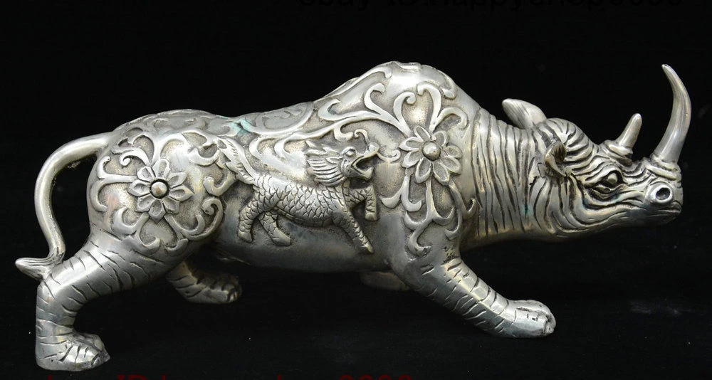 Китай серебряный фэн шуй Kylin Чи Лин Qilin Totems Rhinoceros Xi Ox Статуя богатства|Статуи и