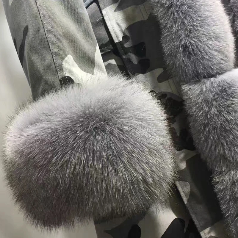 Женская парка с натуральным мехом Камуфляжная большим воротником из лисьего