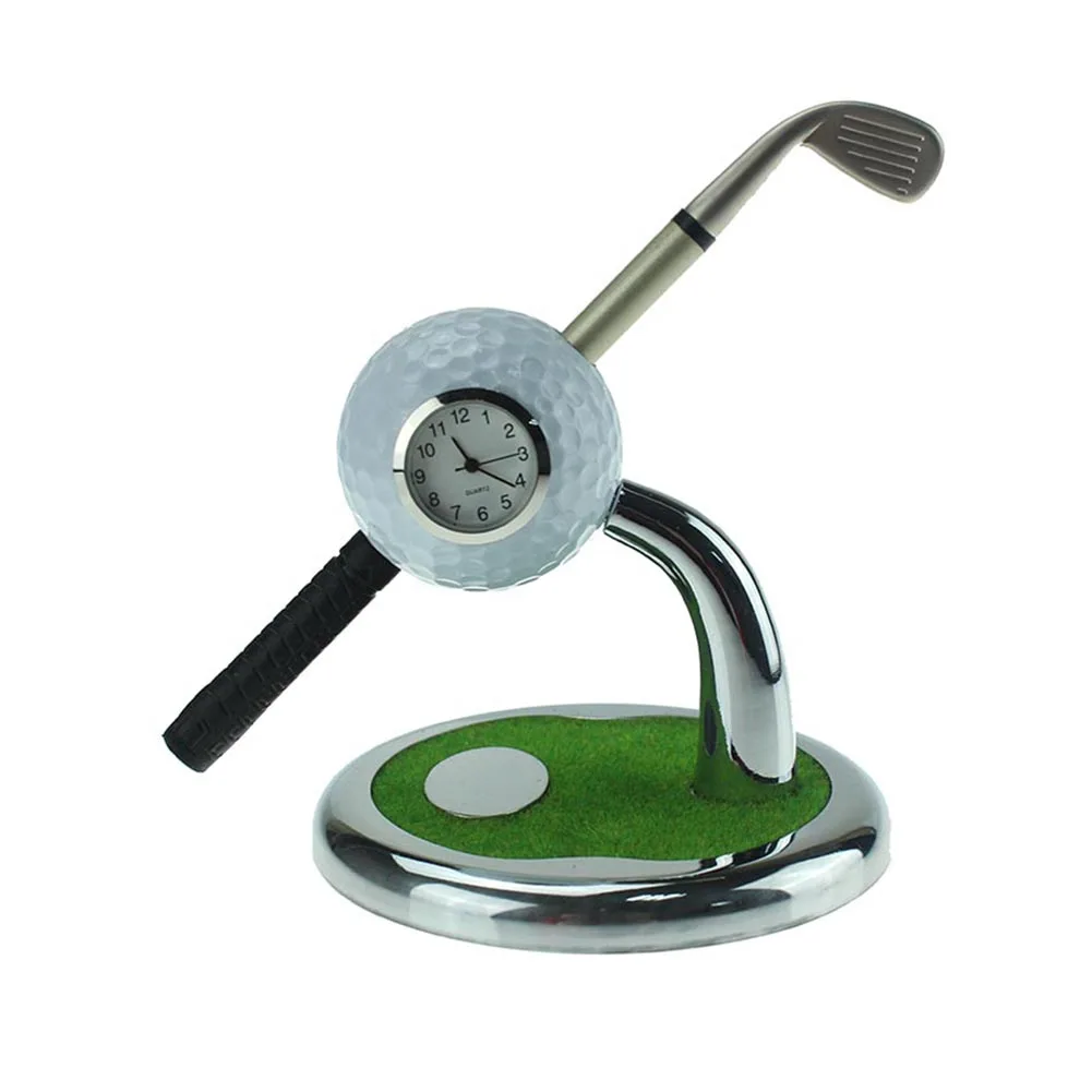 CRESTGOLF Golf Подарочный мяч для гольфа дизайнерская настольная подставка для ручек с ручкой в форме мини-клуба и часами аксессуары для гольфа - Цвет: Белый