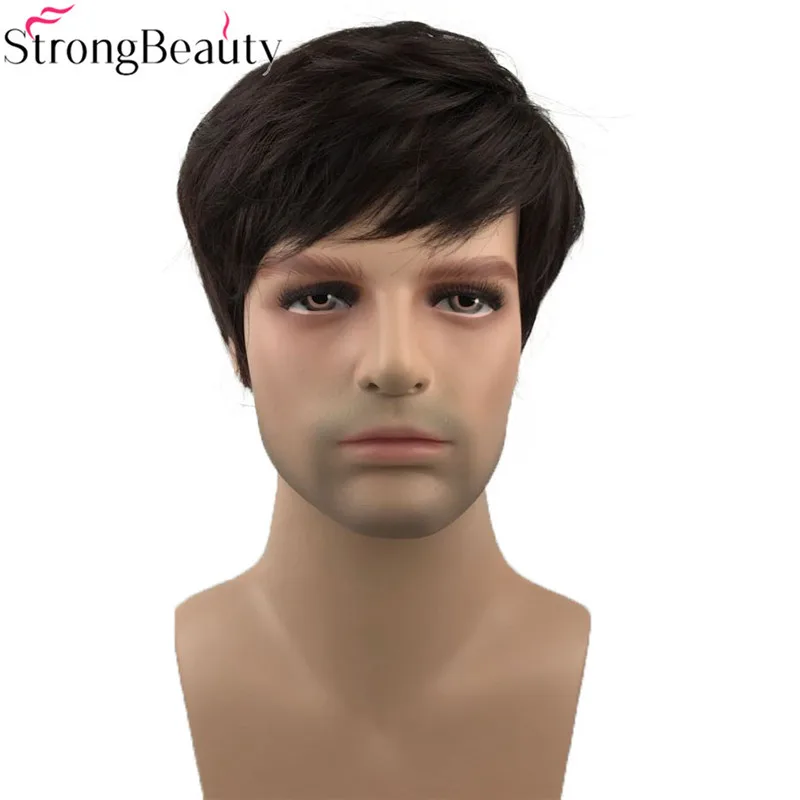StrongBeauty короткие прямые синтетические мужские парики натуральный черный полный термостойкий монолитный парик