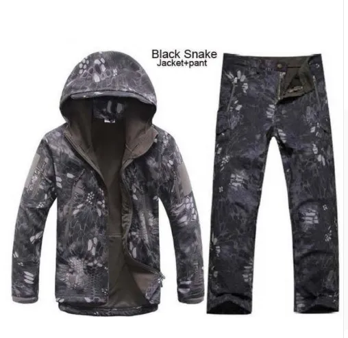 Snake black Sharkskin Открытый Охота Ghillie костюм Кемпинг водонепроницаемая куртка tad4.0 мягкая оболочка флисовая куртка+ брюки Снайпер камуфляж - Цвет: Snake black
