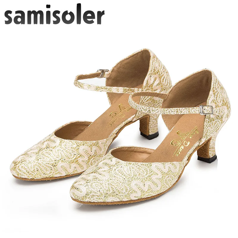 Samisoler Yellow/W New Cloth Collocation Shine Ribbons Ballroom Fashion Dance Women Latin Dance Competition Shoes