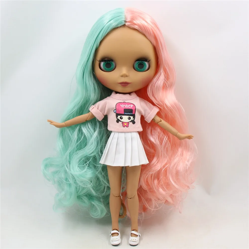 Фабрика blyth кукла 1/6 bjd шарнир тело темная кожа матовое лицо, мята и розовые волосы, 30 см BL4006/1010