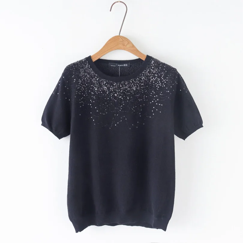 Arvinxia ZA Fashion Solid Color Slim O Neck Collar Woman Sweaters New Dot Sequinied Lady Pollovers Chic Short Sleeve Shirts | Женская