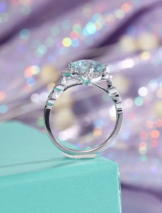 MYRAY Natural Genuine Aquamarine Gemstone Engagement Ring Diamond Wedding 14k White Gold Antique Flower Bridal Anniversary Women | Украшения