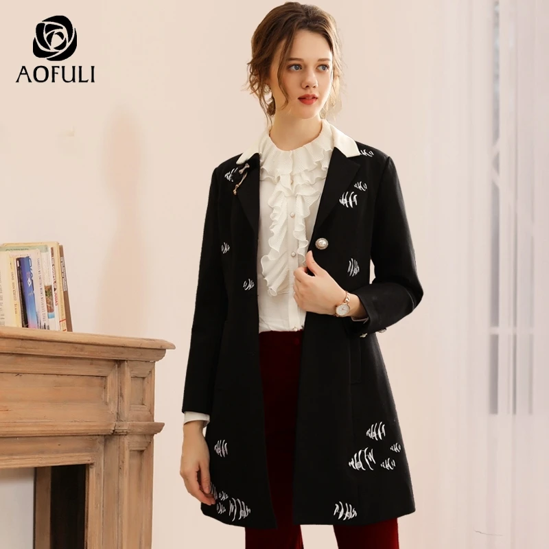 Женское пальто с тропической рыбкой S/M/L/XL зимнее черное длинное отложным