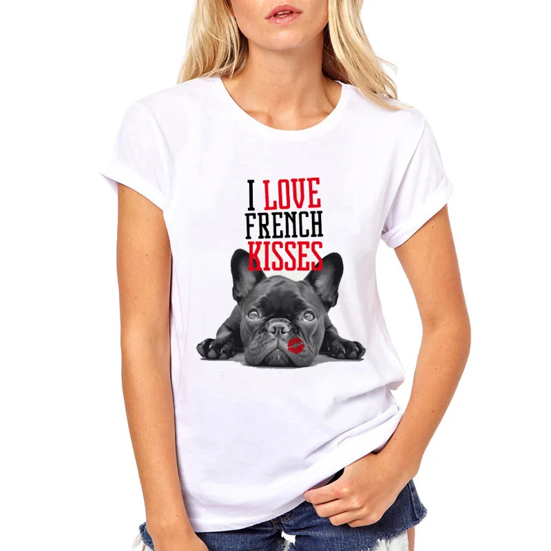 Zh Женская футболка Летняя футболка с принтом «I Love French Kiss» для женщин, с изображением французского бульдога, для влюбленных, Harajuku, повседневные топы, милая футболка для девочек