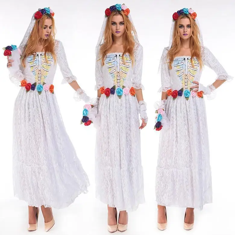 Женское белое платье принцессы для косплея одежда взрослых с черепом и зомби