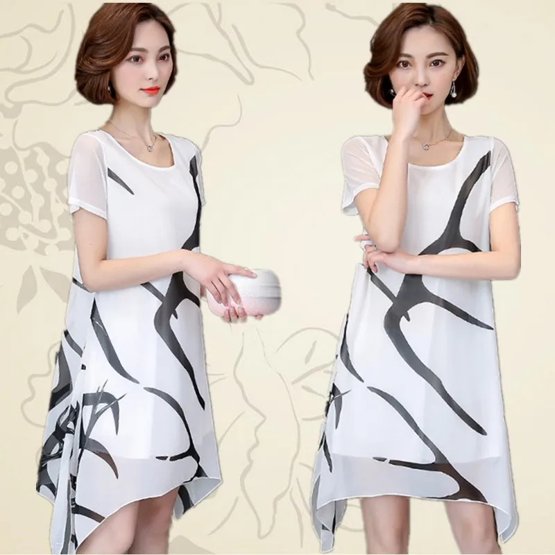 Женское шифоновое платье с круглым вырезом асимметричное коротким рукавом и