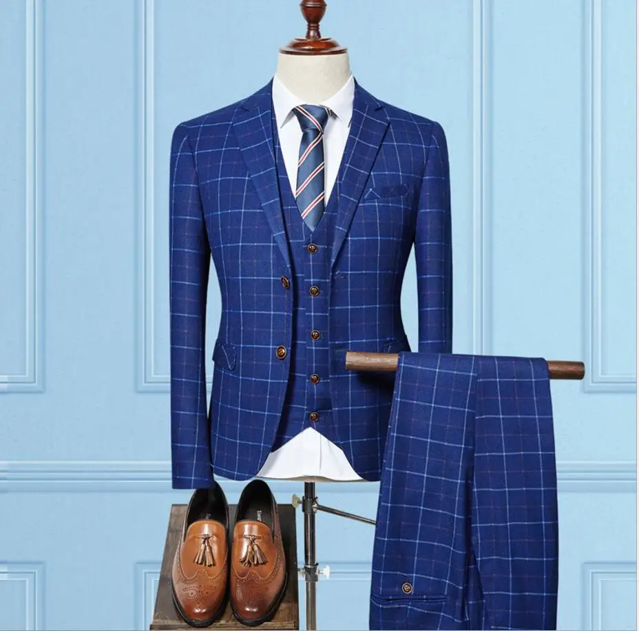 

British Style Blue Plaid Men Suits Two Button Wedding Groom Tuxedos men bussiness Blazer suits 2017(jacket+pant+vest)