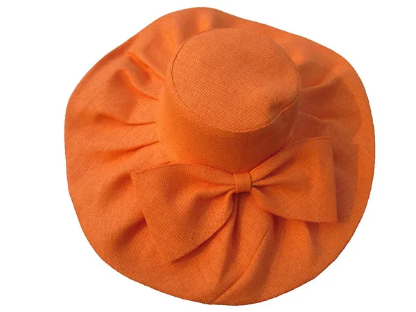 Orange Огромная льняная шляпа от солнца, женская шляпа Кентукки Дерби с широкими полями, шляпа от солнца, свадебные церковные пляжные шляпы для женщин, женская шляпа с бантом, А047 - Цвет: Orange