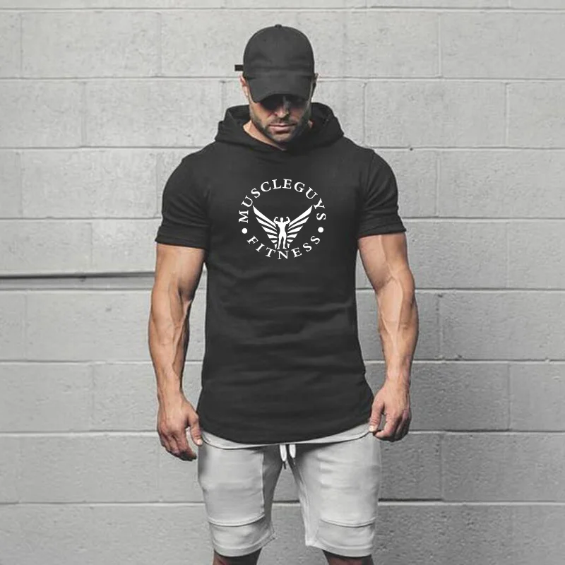 

Muscleguys Bodybuilding Hoodies Gyms Hooded Short Sleeve T-shirt Men Fitness Clothing Muscle Shirts Cotton Pullover Sweatshirt