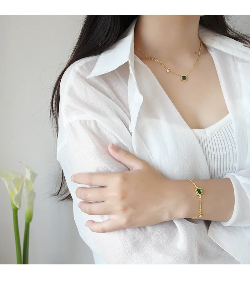 

100% S925 sterling silver fashion geometric Chocker Necklaces square green cz cubic zircon pendant necklace female Women Girl
