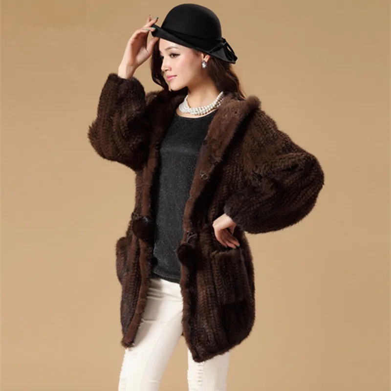 TopFurMall) Женский настоящий вязаный норковый мех с капюшоном Тренч пальто куртка женское меховое пальто женское пальто тонкая талия VK1413
