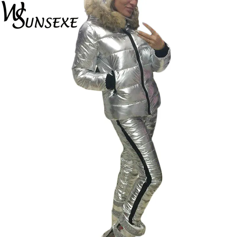 

Winter Warm 2 Piece Sets Metal Silver Jacket Suits Women Fur Hooded Zipper Cotton Padded Coat Parka and Long Pants New Outerwear