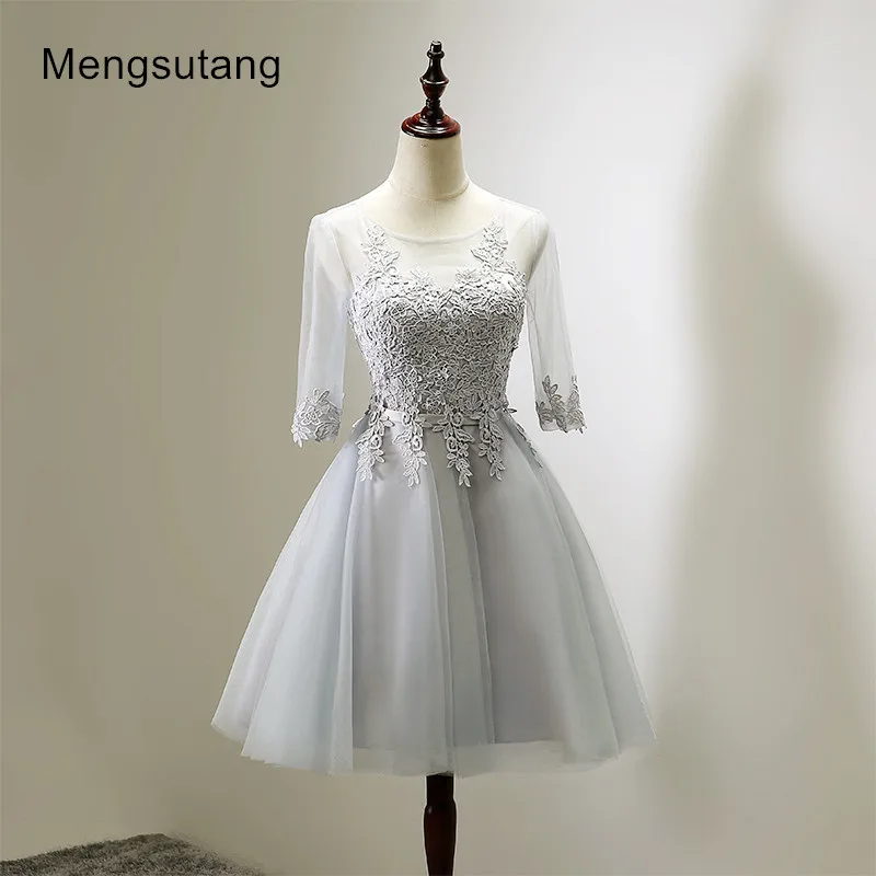 gray short Robe de soiree розовое короткое вечернее платье с открытыми плечами и кружевной вышивкой, вечерние платья - Цвет: gray short