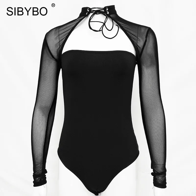 Sibybo, сетчатый прозрачный сексуальный боди с бретелькой через шею, женский комбинезон с длинным рукавом, на шнуровке, с вырезами, Облегающий комбинезон, женский комбинезон, черные боди
