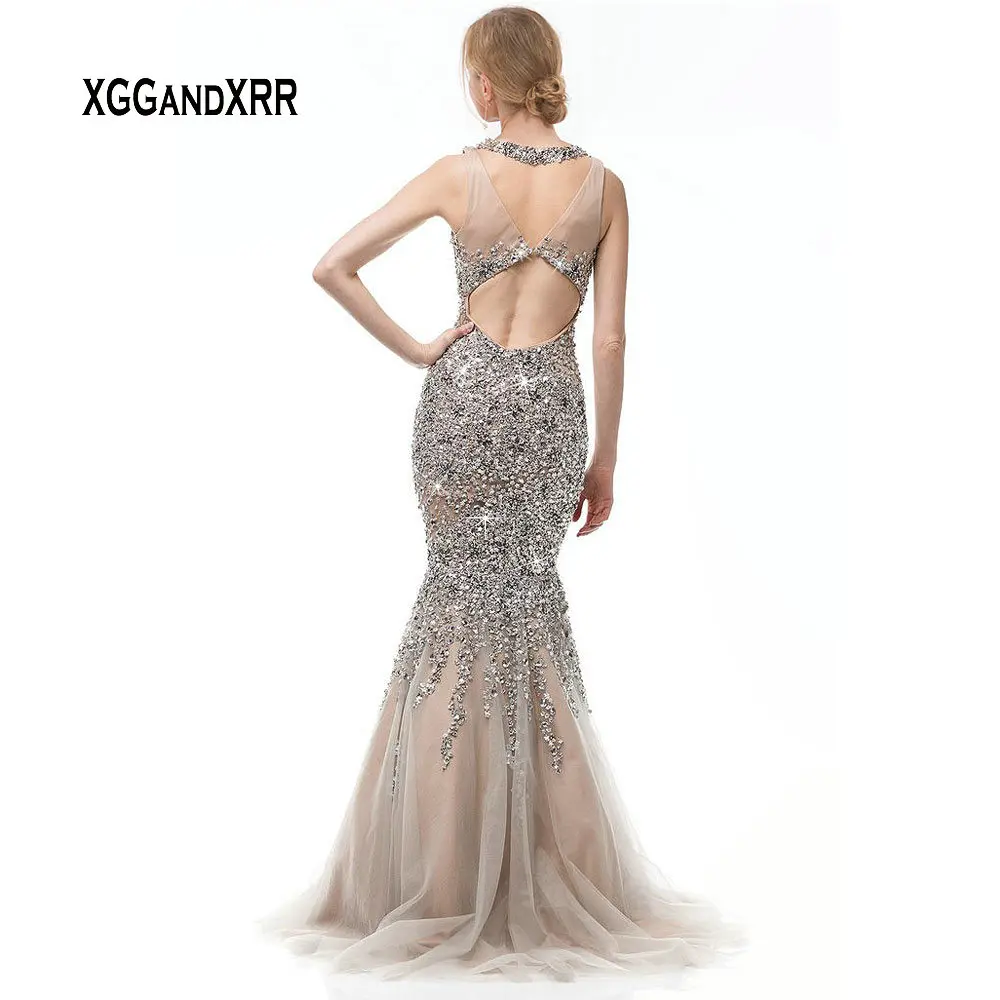 Luxury Sparkling Gray Mermaid Prom Dress Long Evening Dresses Heavy Beading Crystal Scoop Sleeveless Real Picture Plus Size