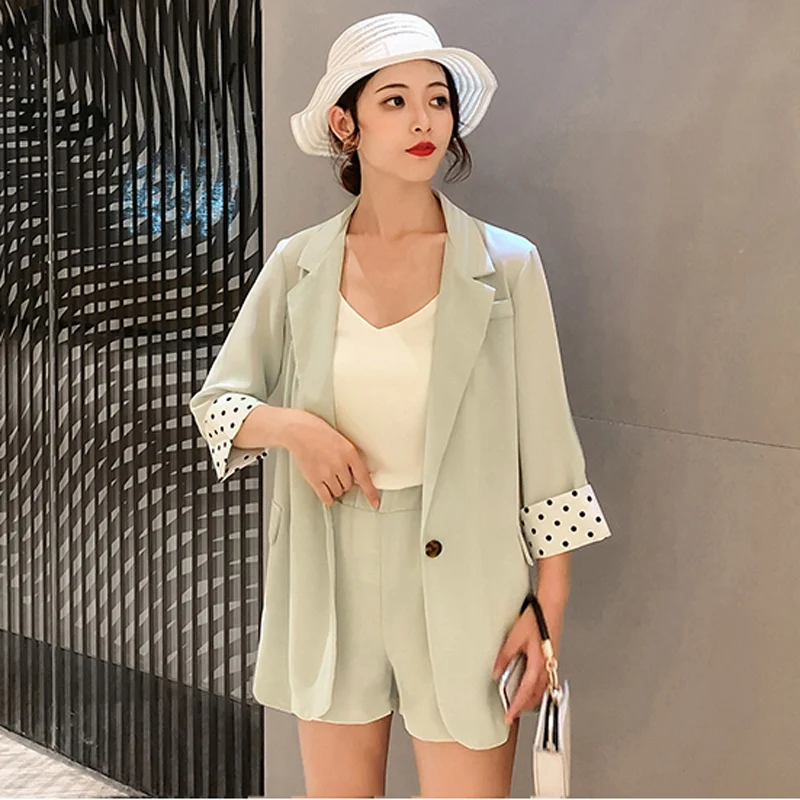 

Women Short Suits Dots Patchwork One-button Blazer Jacket & Elastic Waist Shorts Female Pant suits Casual Women 2 Pieces Set