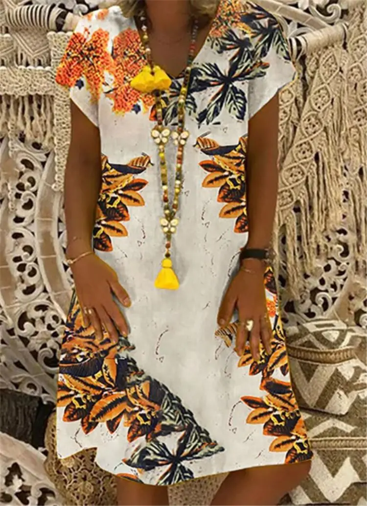 large size Women's Dresses 2019 Fashion print V-neck dress Boho Clothes Sundress Summer loose short-sleeved Plus Size | Женская