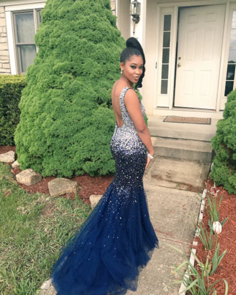 Long Stones Prom Dresses 2017 Scoop Sleeveless Backless Sweep Train Tulle Crystal Mermaid Evening Dress 2016 Vestidos De Festa | Свадьбы и