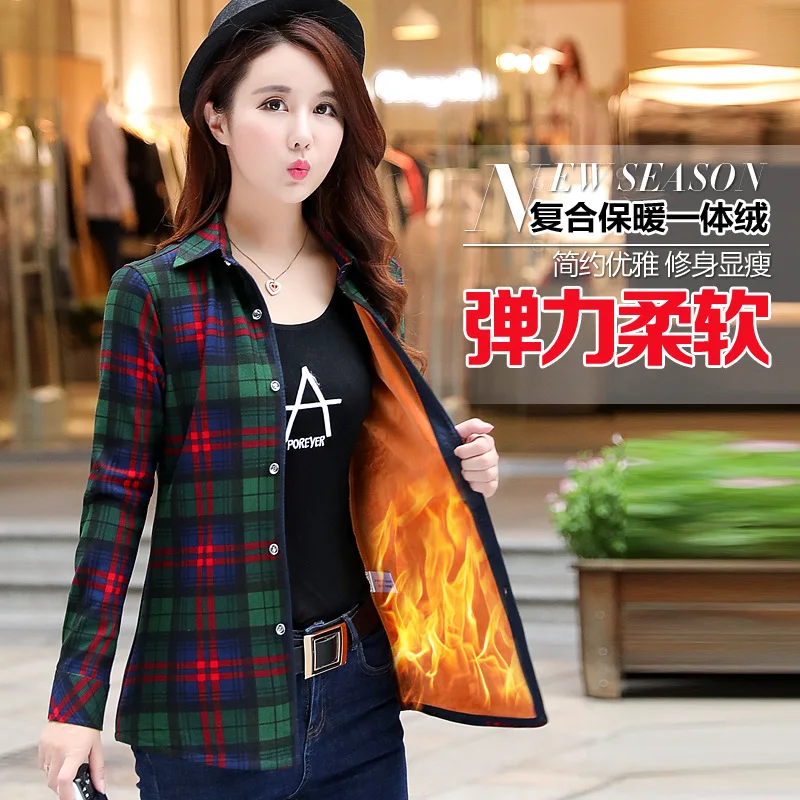 

Women Winter Blouses Fashion Office Work Plaid Shirts Casual Lapel Thick Velvet Long Sleeve Slim Shirt Tops Blusas Plus Size 3XL