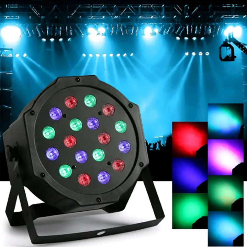 

AC100-240V Professional LED Stage Lights 18 LED RGB PAR Stage Lighting Effect DMX512 Master-Slave Flat for DJ Disco Party KTV