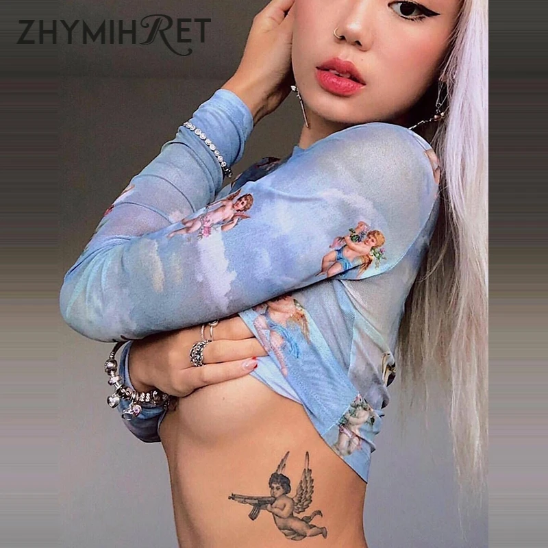 Женская футболка с длинным рукавом ZHYMIHRET осенняя Сетчатая принтом Cupid|Футболки| |