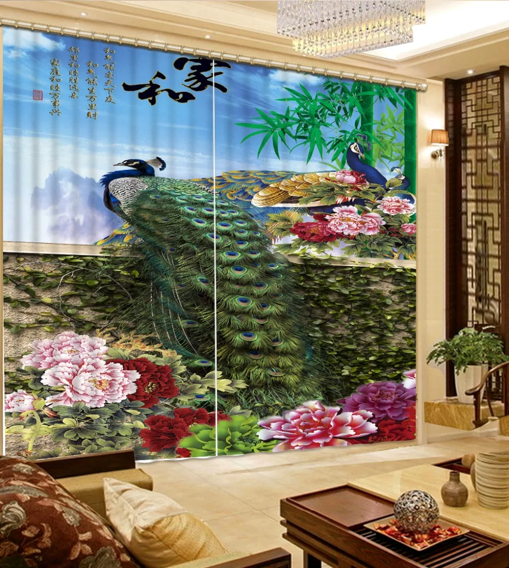 

High quality custom 3d curtain fabric peacock curtains 3d curtains