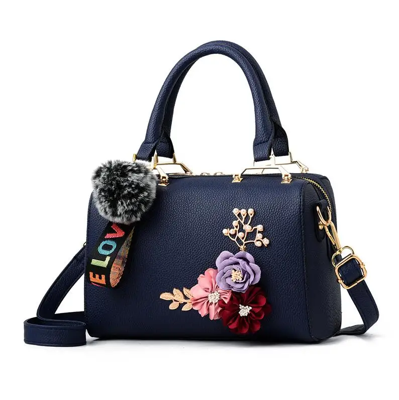 Dark blue Женская сумка на плечо из искусственной кожи, дизайнерская сумка-мессенджер с цветочным принтом, роскошные сумки с подвеской в виде шарика для волос, Повседневная сумка через плечо - Цвет: Dark blue