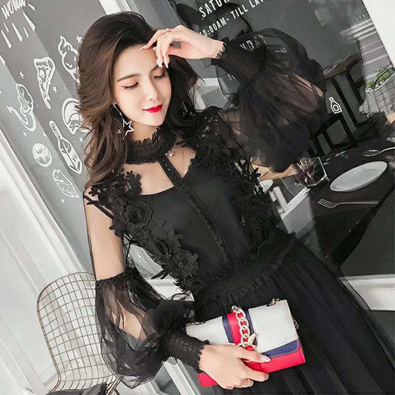 Женское Сетчатое платье макси с длинным рукавом повседневное ТРАПЕЦИЕВИДНОЕ