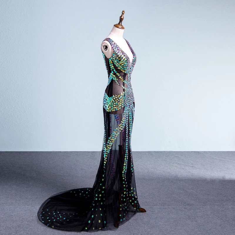 Блестящее многоцветное Сетчатое длинное платье стразы без рукавов женское для