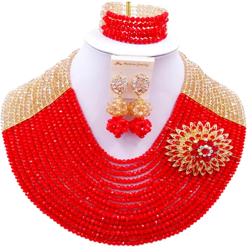 

ACZUV Gold and Red African Beads Nigerian Wedding Party Jewelry Sets 15C-017