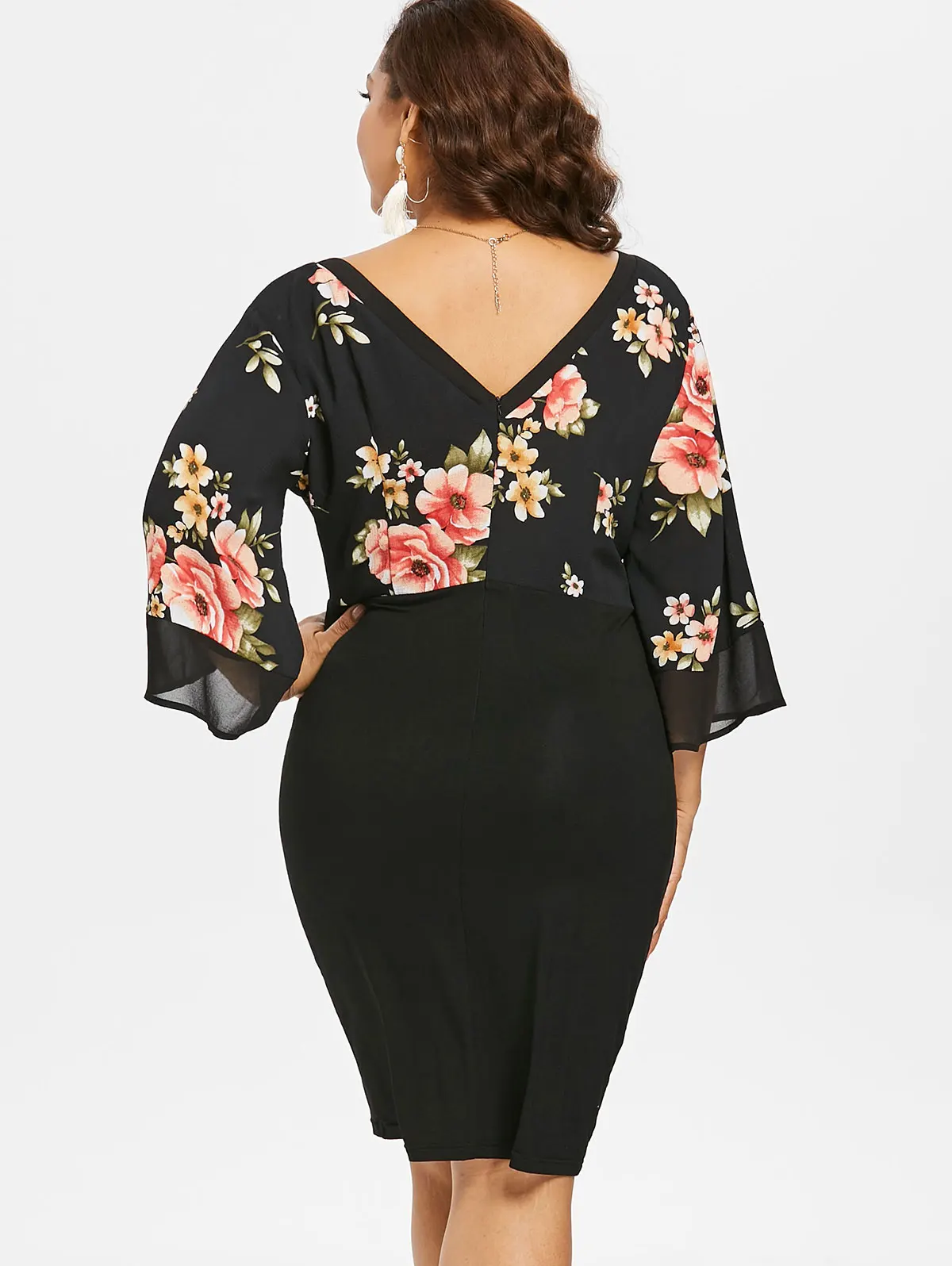 2018 Women Plus Size 5XL Bell Sleeve Low Cut Floral Dress Plunging Neck 3/4 Spring Dresses Party OL Casual Vestidos | Женская одежда